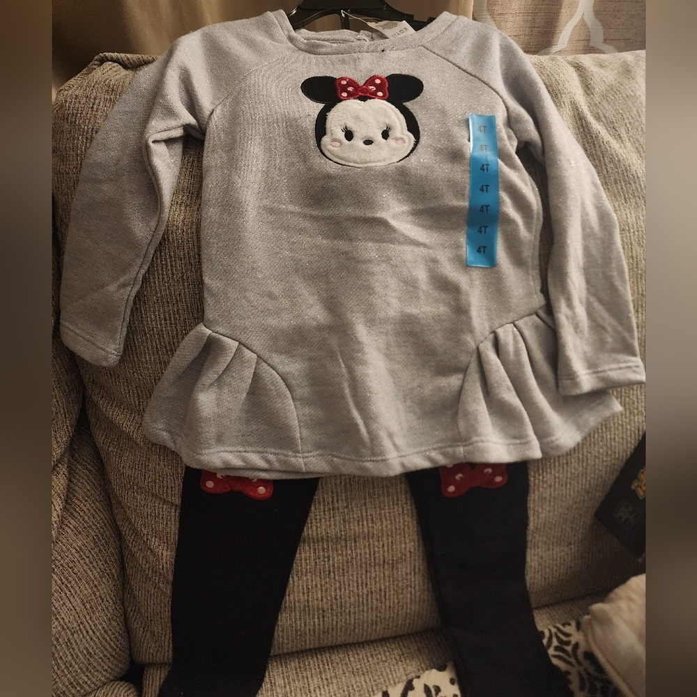 Gray Minnie Mouse Dress with Black Leggings 4T New